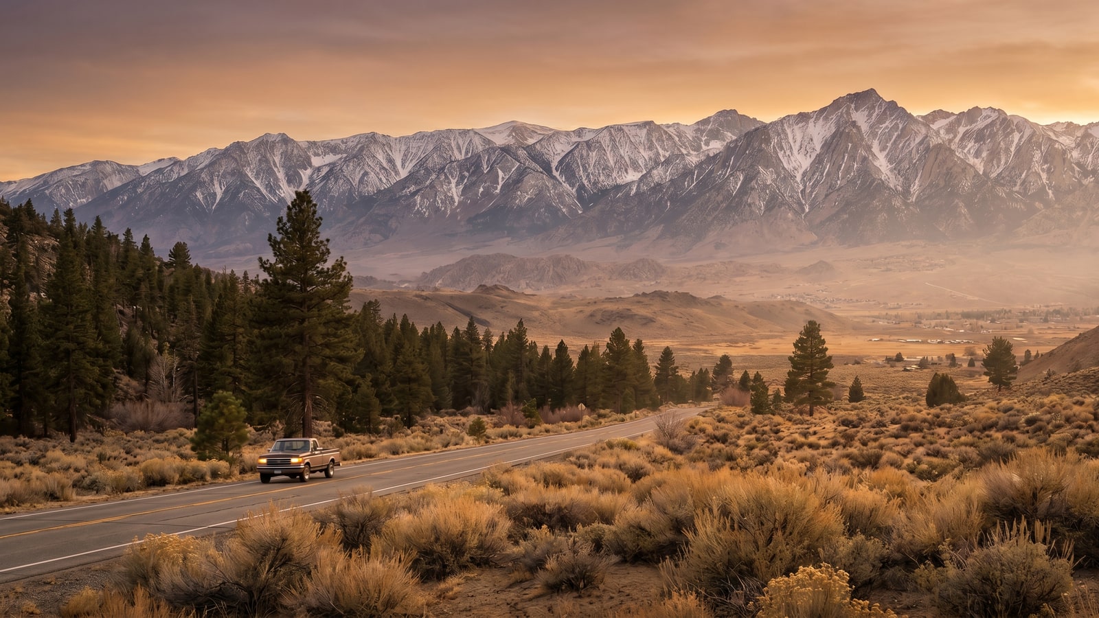 The Sierra Nevada mountains rising west of the Reno-Sparks valley with a road toward Lake Tahoe